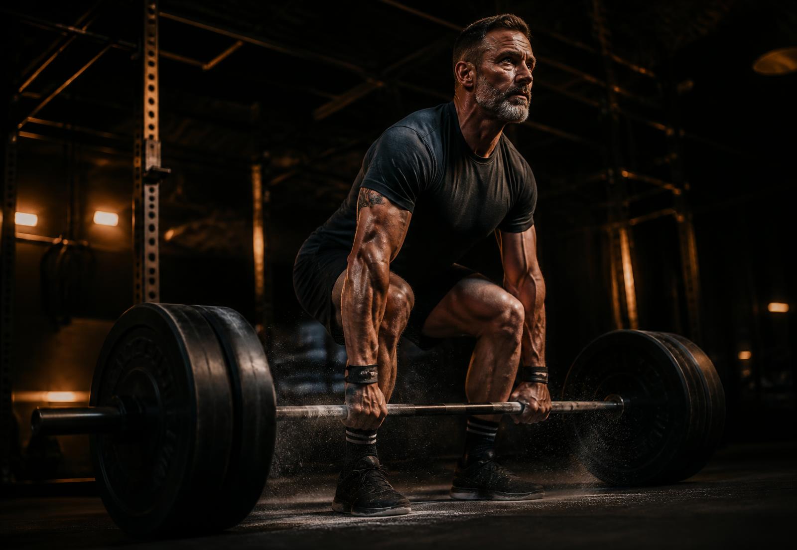 Man in his forties performing a barbell deadlift in a dark gym